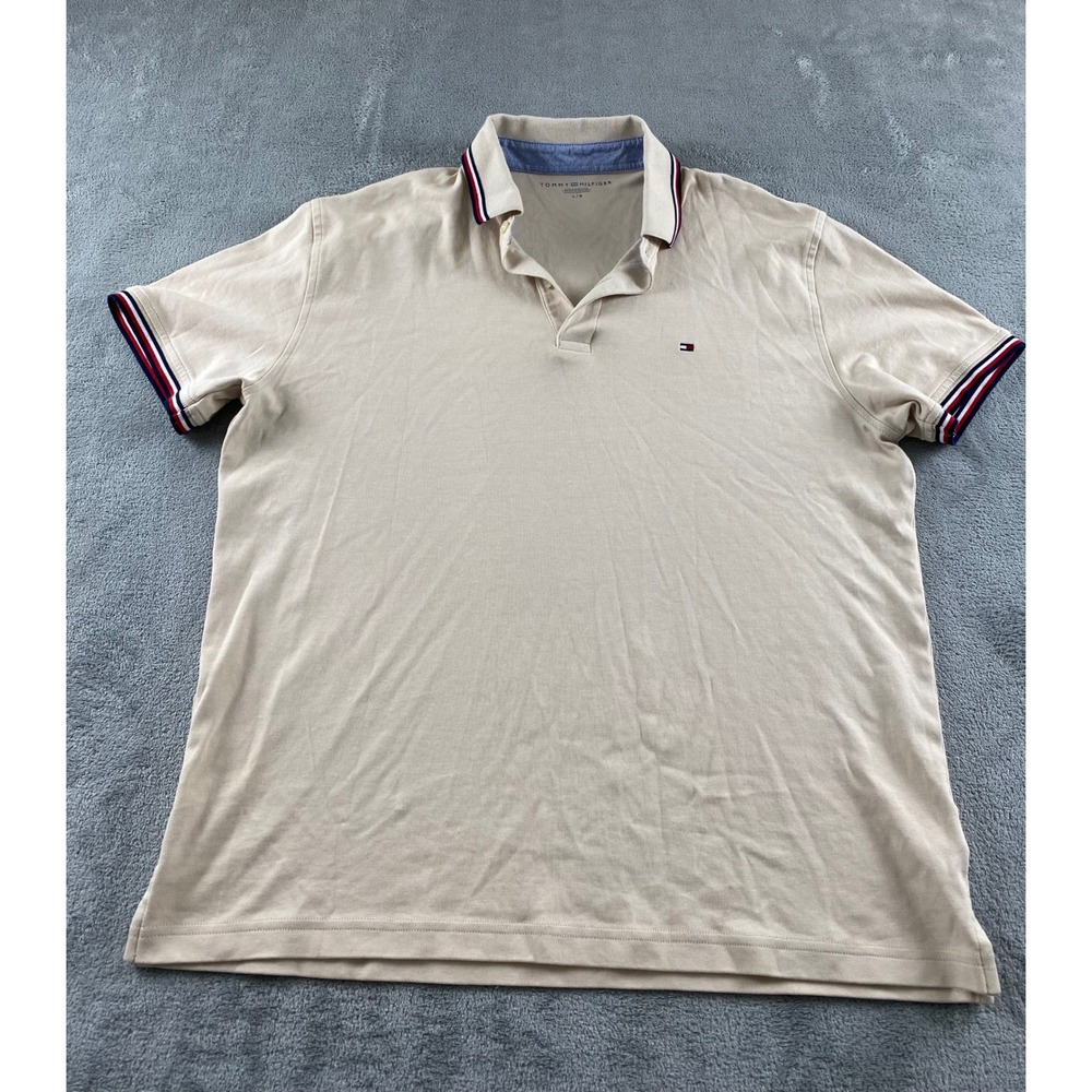 Tommy Hilfiger Mens Polo Shirt Tan Beige Striped Trim Cotton Size L Short Sleeve